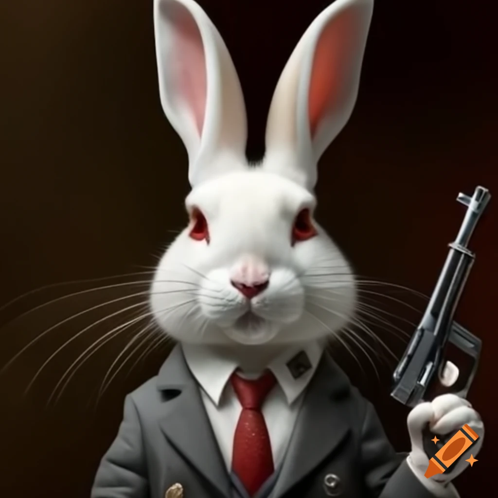 Gangster rabbit with red eyes and Luger pistol, wearing baker's boy cap