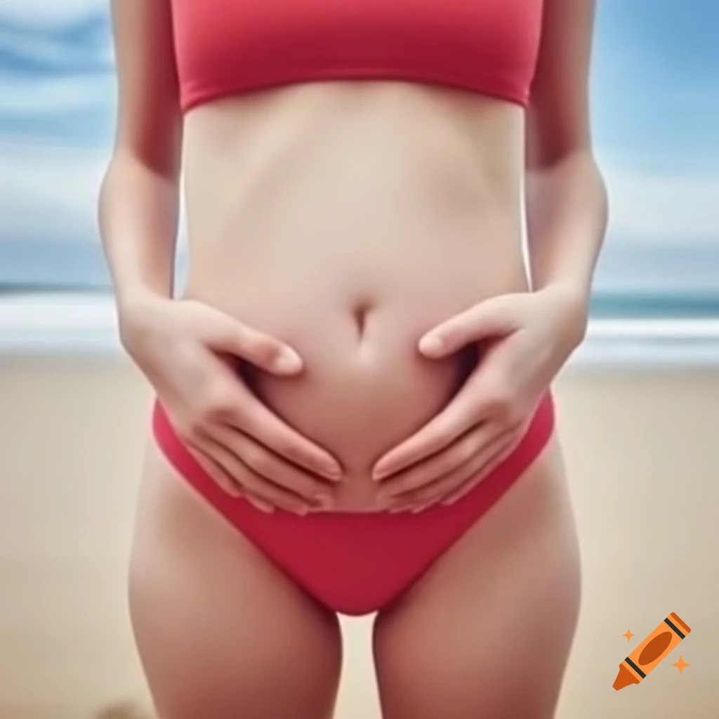 Redhead woman with freckles on beach wearing crop top