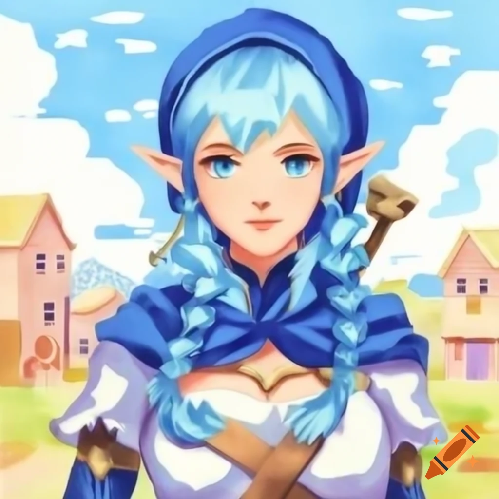 Retro impressionist portrait of blue-haired demi-elf in nomad village