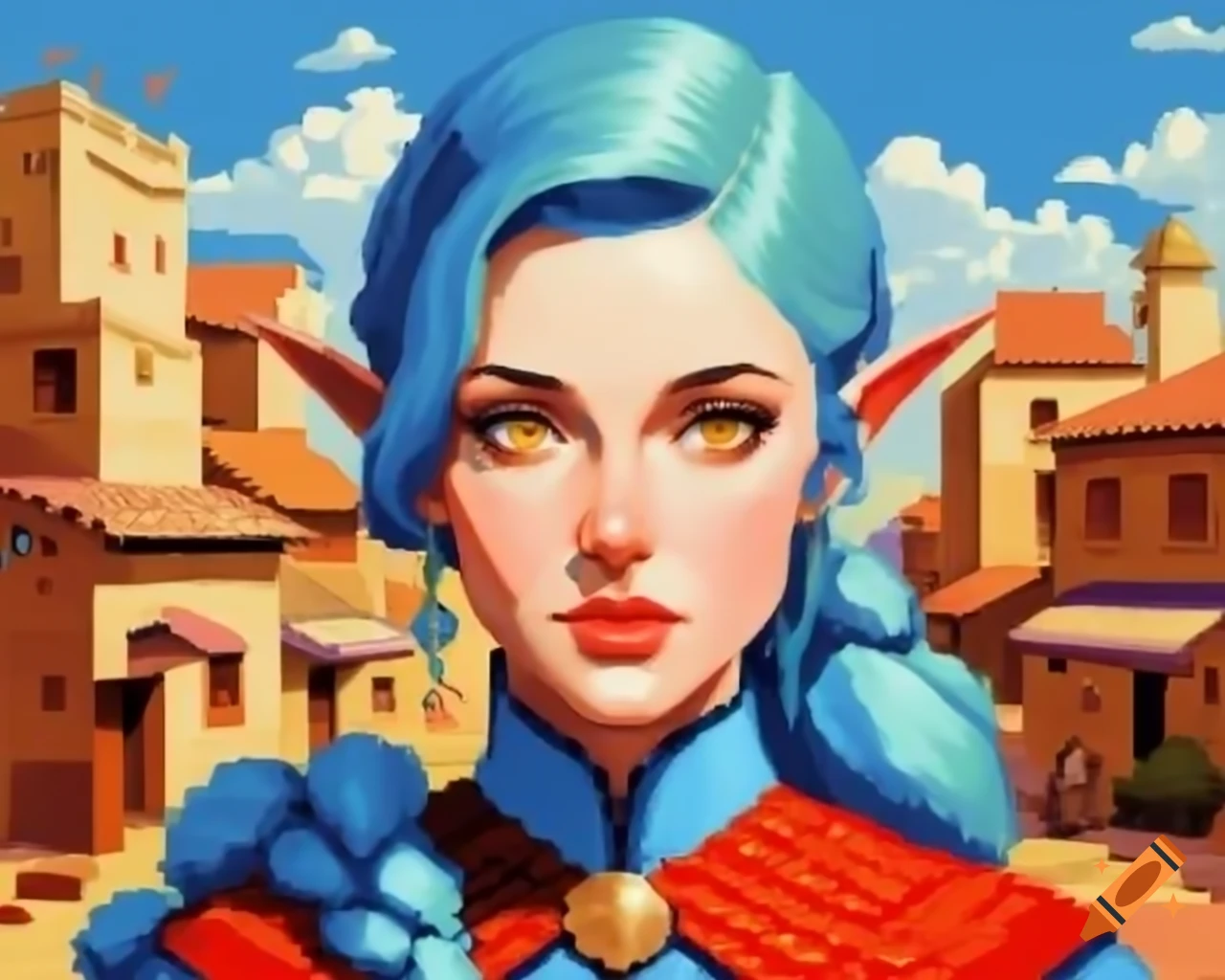 Retro pixel art portrait of blue-haired demi-elf in nomad village