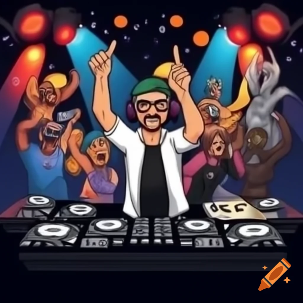 Comic style depiction of a DJ party scene