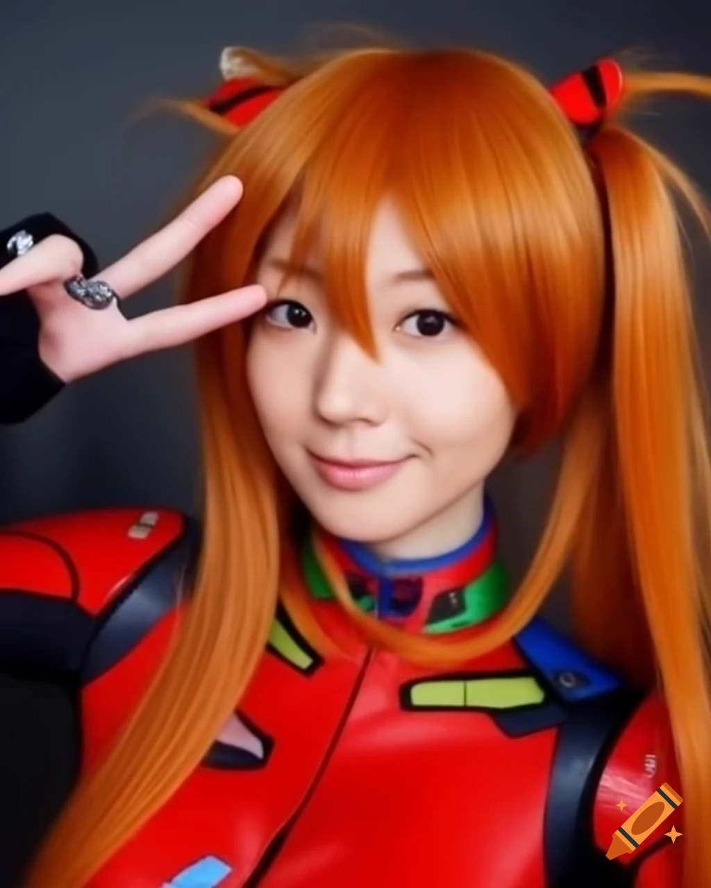 Award-winning portrait of Japanese Asuka Langley cosplayer at Comiket making peace sign