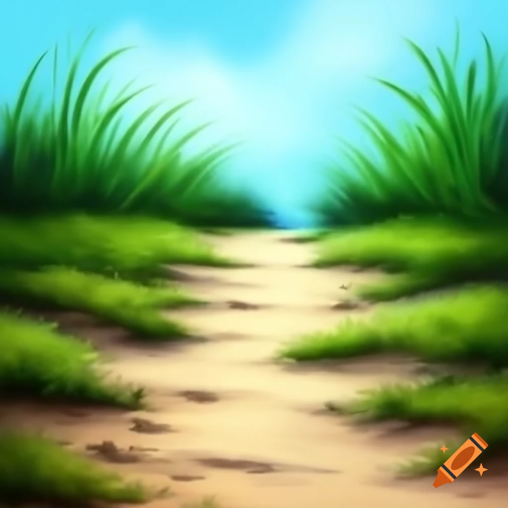 Sandy path through lush vegetation, acrylic painting