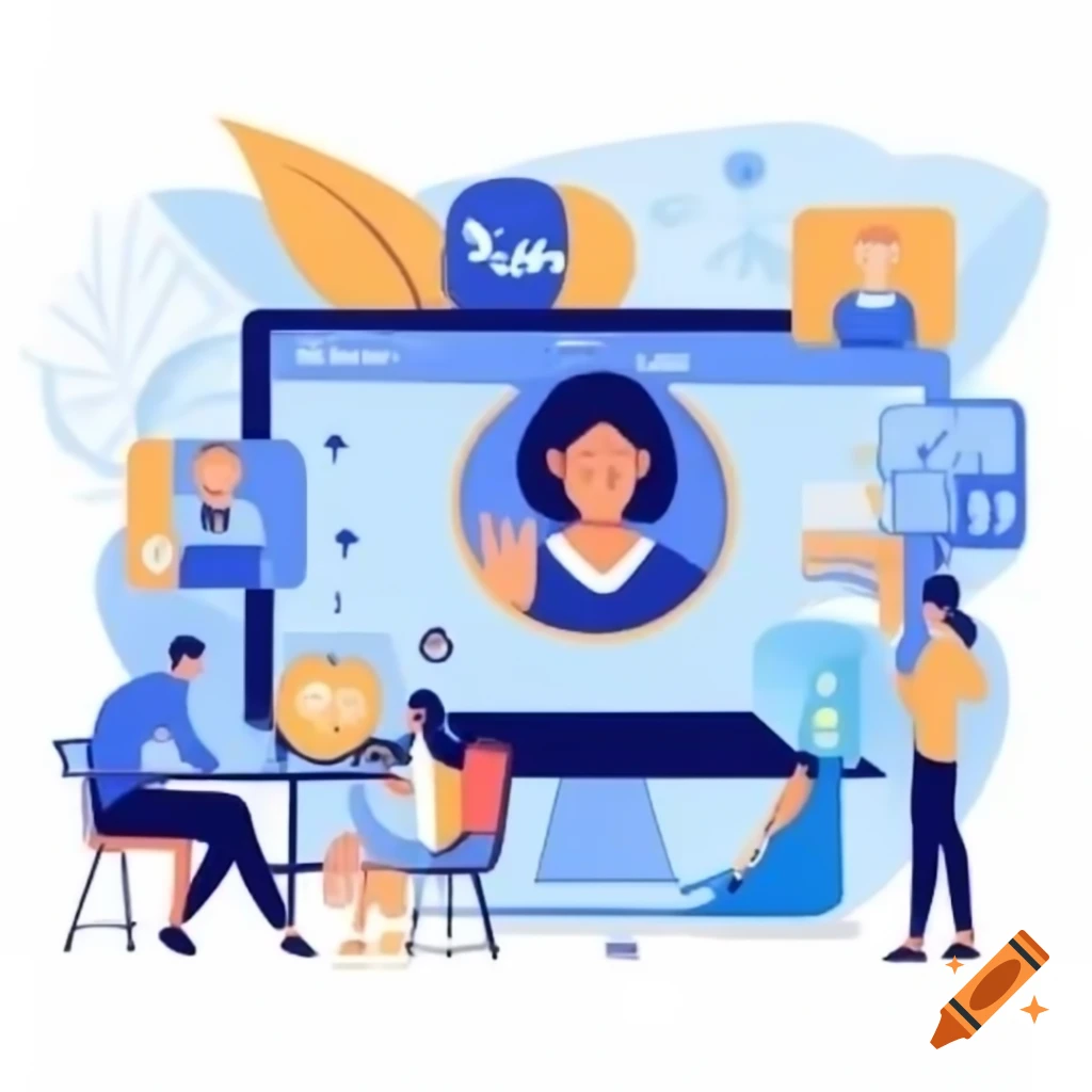 Mentor teaching mentee online with icons representing social, technology, and education