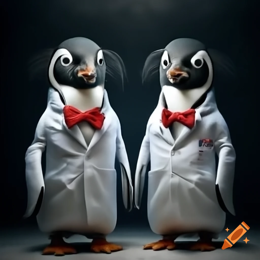 Two penguins in lab coats and red bow ties in photorealistic style