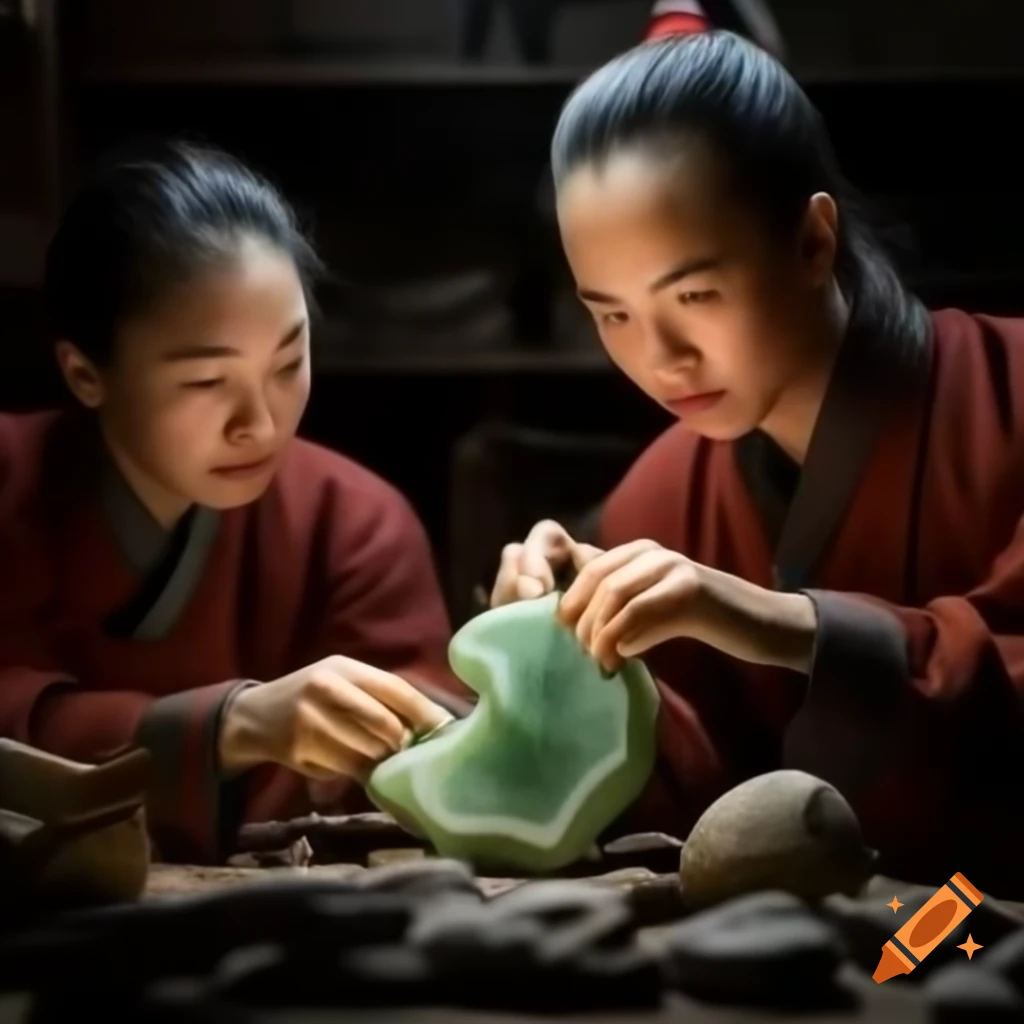 Prehistoric Chinese artisans from Liangzhu civilization crafting jade artifact
