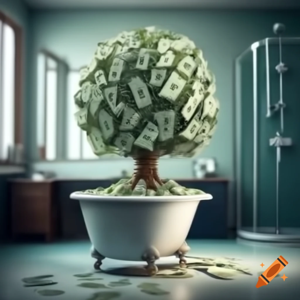 Money tree growing in office showering dollar bills, symbolizing work from home benefits