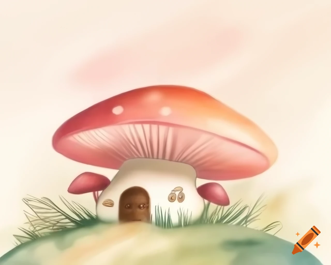 Watercolor mushroom house in light pink and brown, storybook style