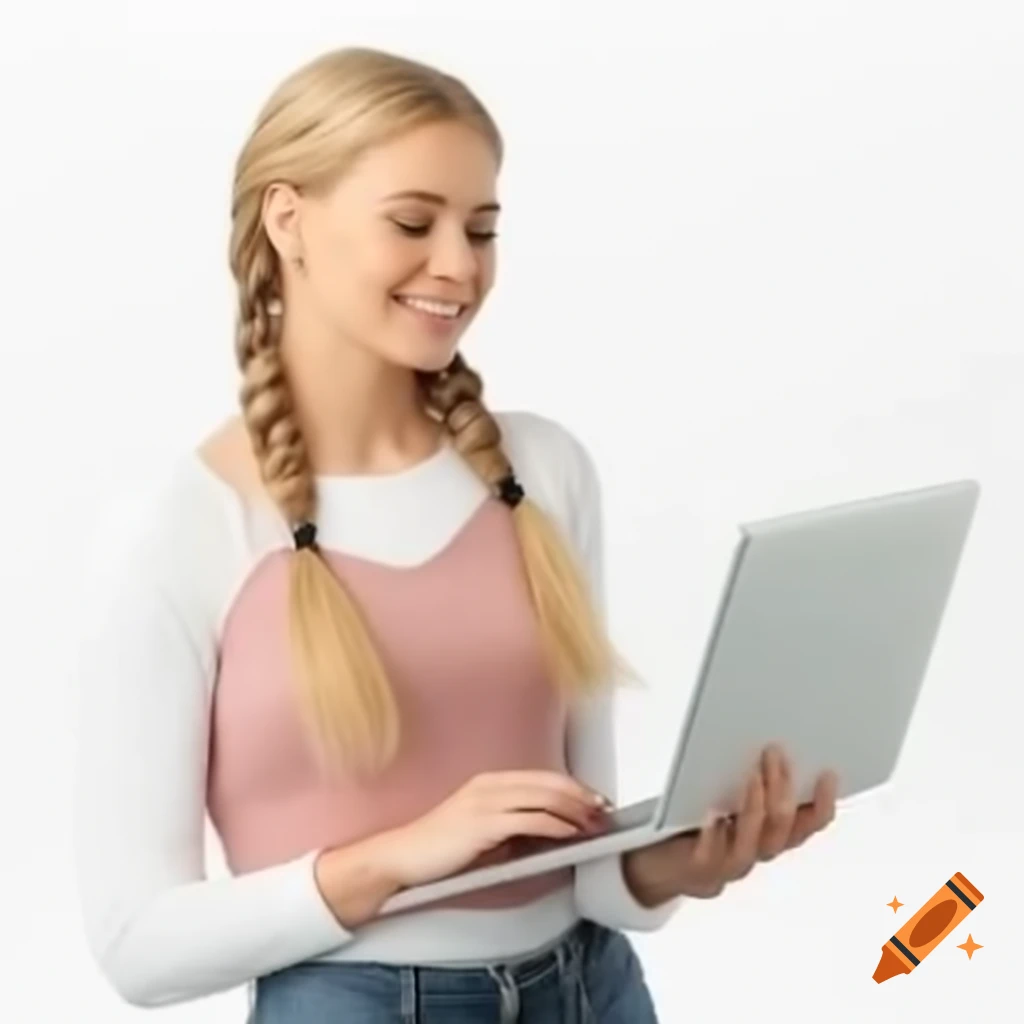 Blonde woman with braided hair holding laptop against white background
