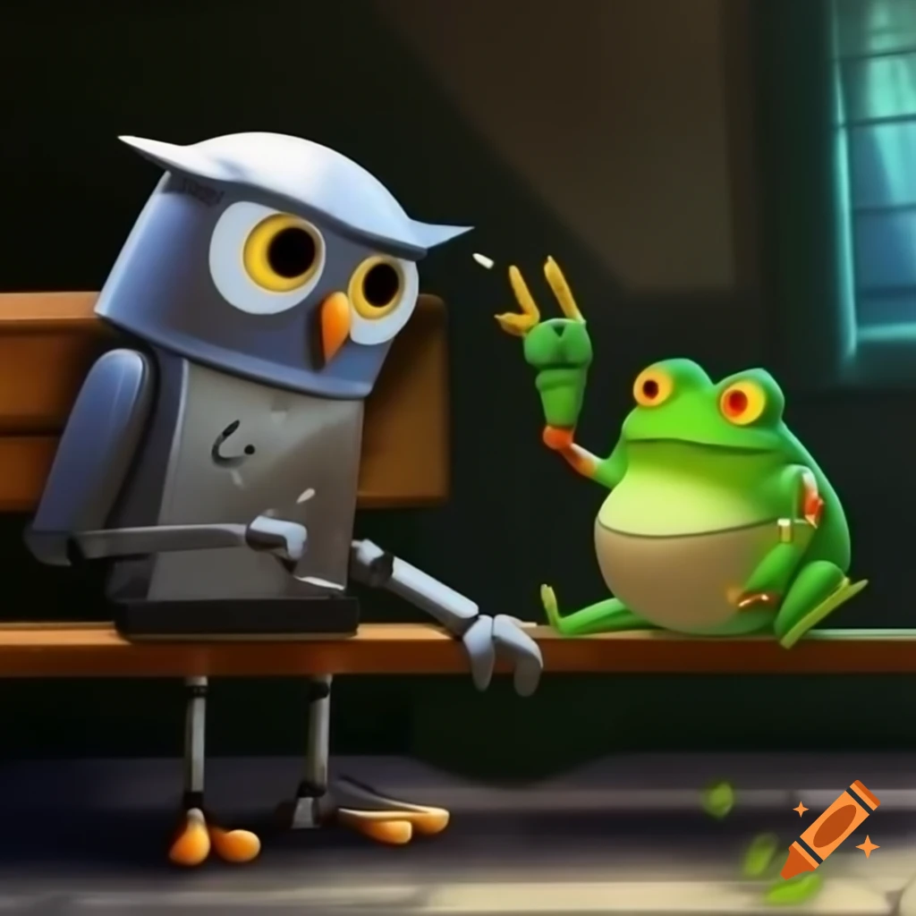 Robot owl conversing with robot frog on a bench