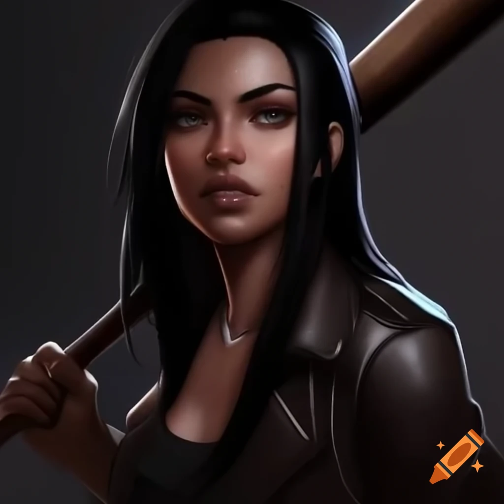 Strong Italian woman in leather jacket holding baseball bat, scowling at camera