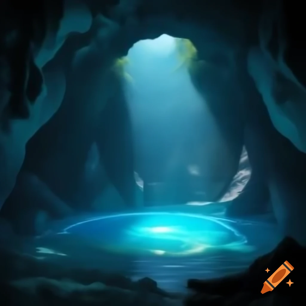Mysteriously glowing azure pool inside a cave