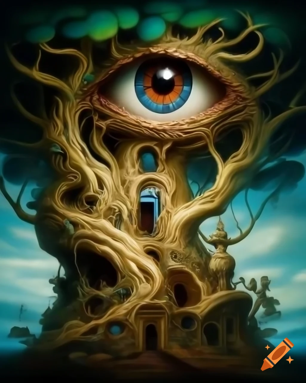 Baroque surreal oil painting of a giant eye tree