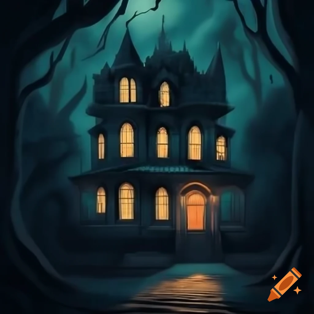 Spooky Victorian mansion in woods with visible windows and porch