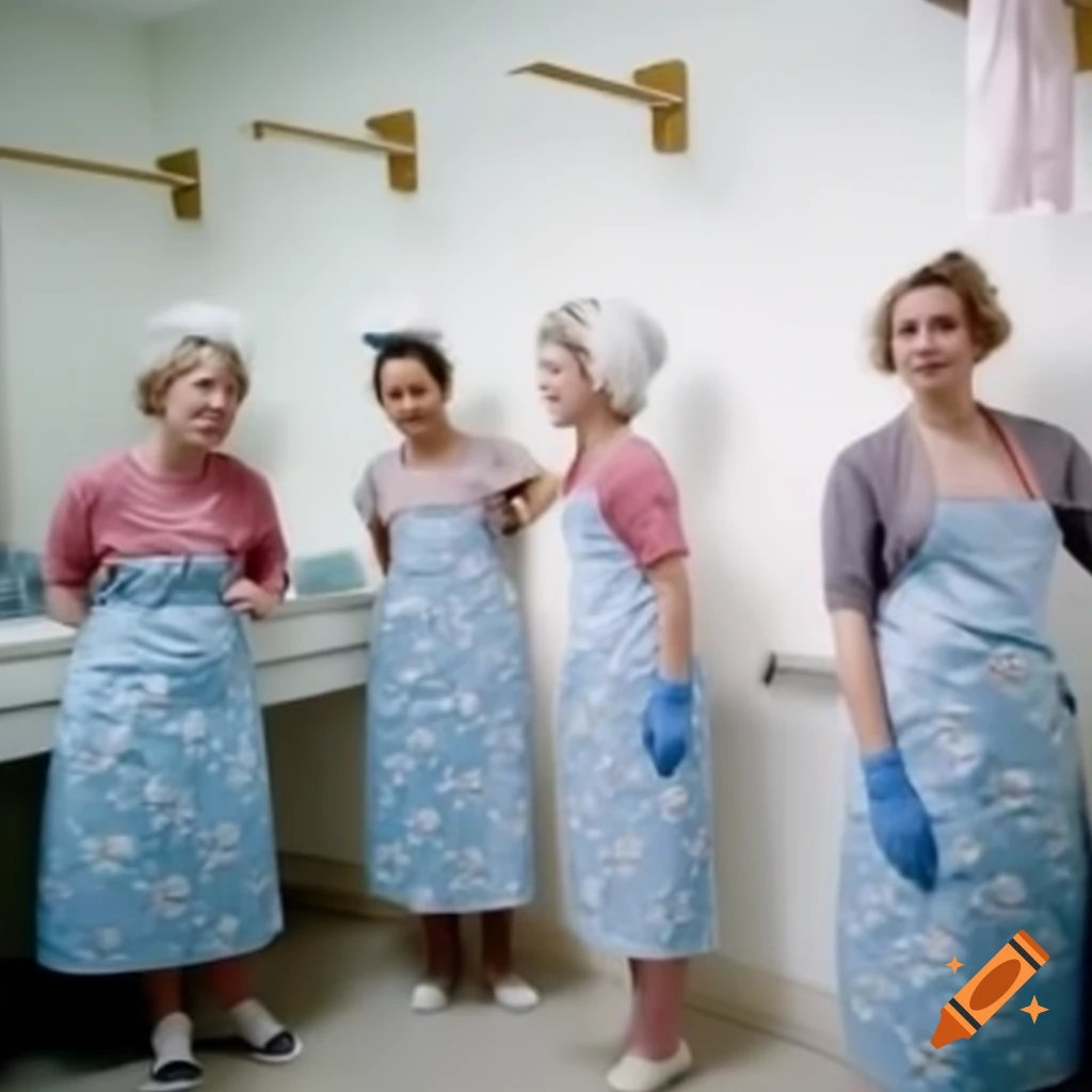 Women in floral housecoats washing laundry in large bathtub