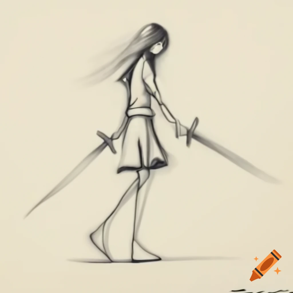 2D faceless girl made of scribbles holding sword, walking to the right