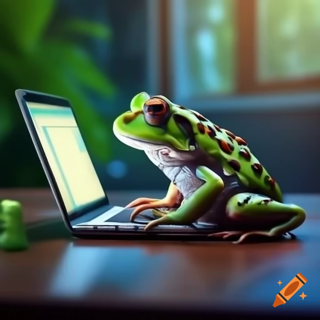 Toad using a laptop to write software