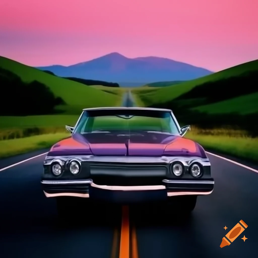 1967 Chevy Impala driving on winding country road, showcasing black color and chrome details