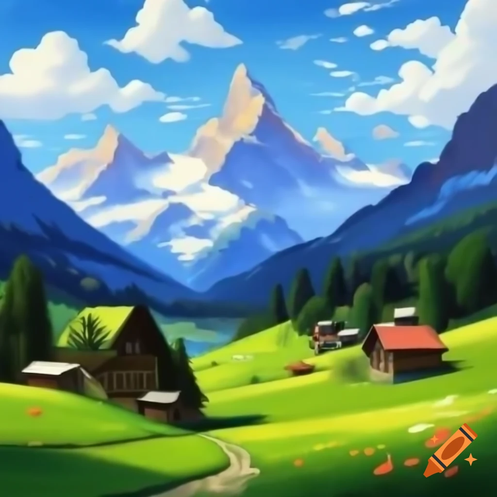 Impressionistic painting of snow-capped Austrian Alps with green meadows and serene lake
