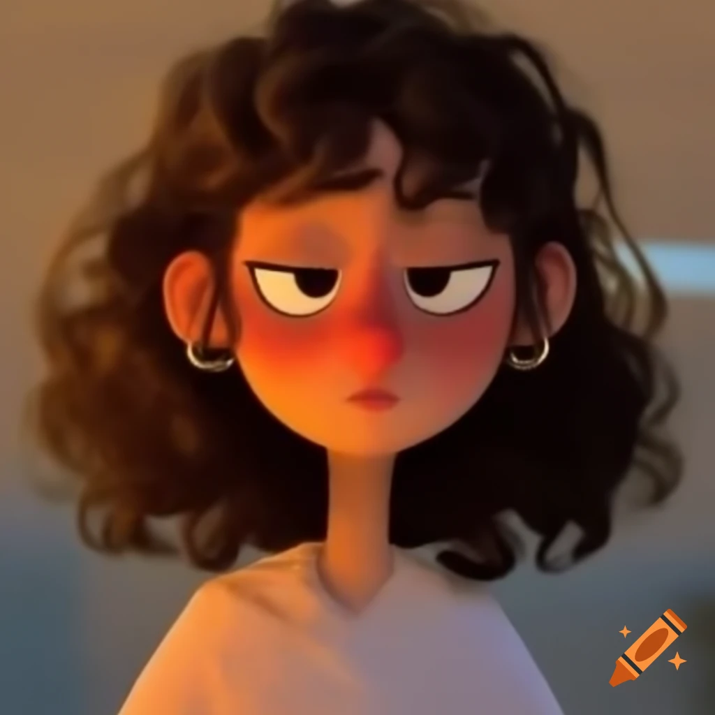 Realistic female character with long brown hair and serious blue eyes