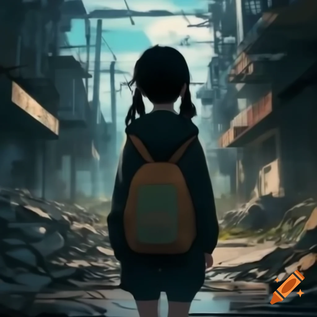 Studio Ghibli style girl in dystopian abandoned city