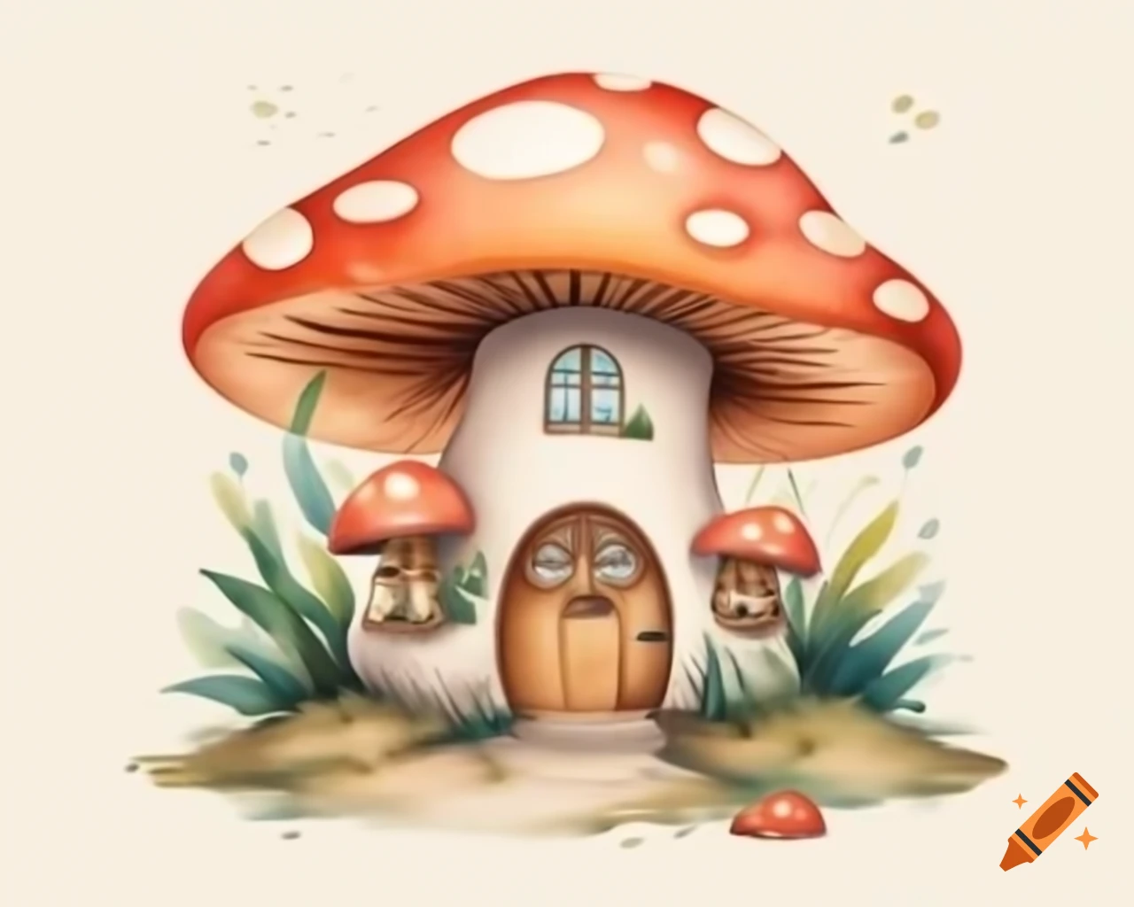 Watercolor mushroom house in light mustard and brown storybook style