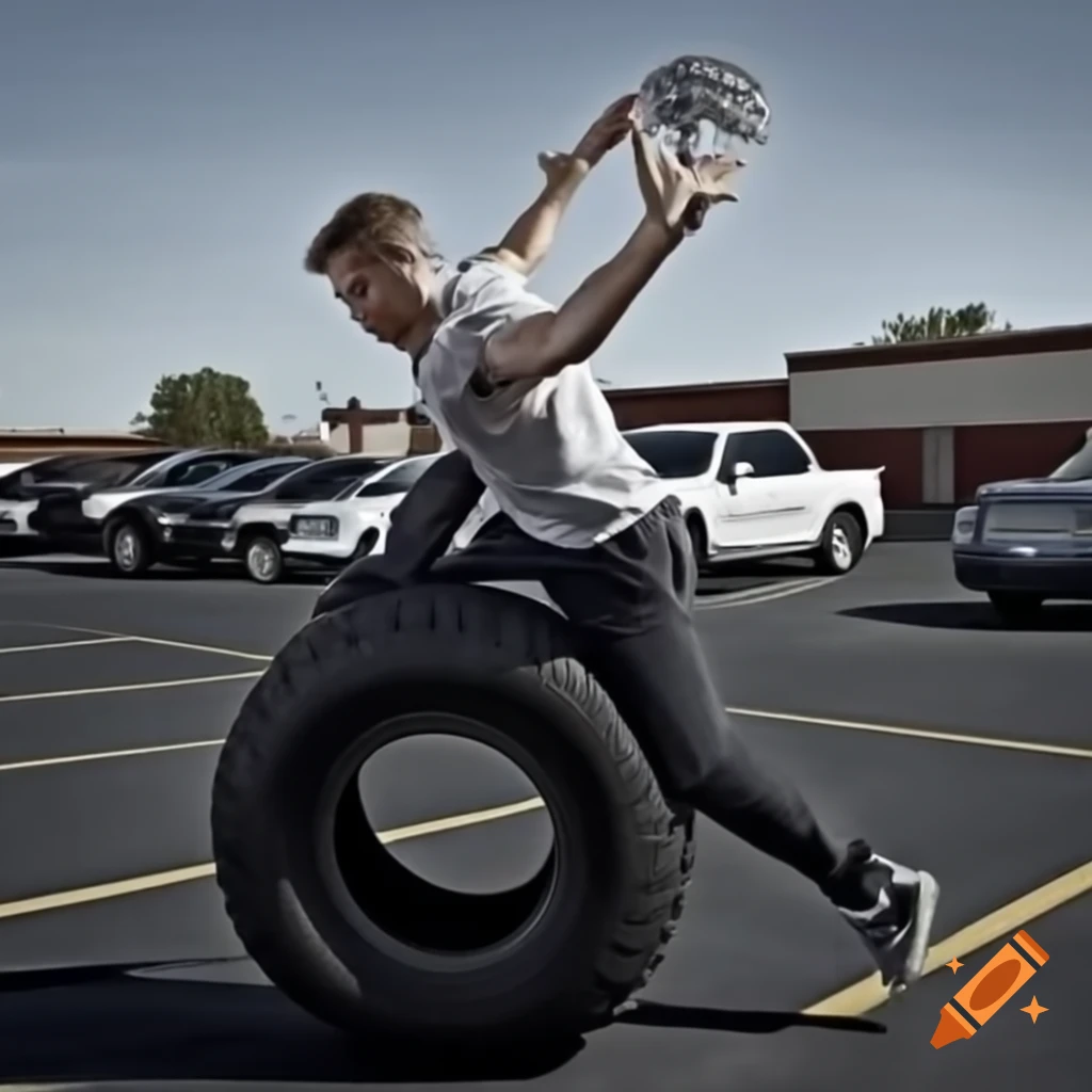 Man engaging in tire throwing exercise in school parking lot
