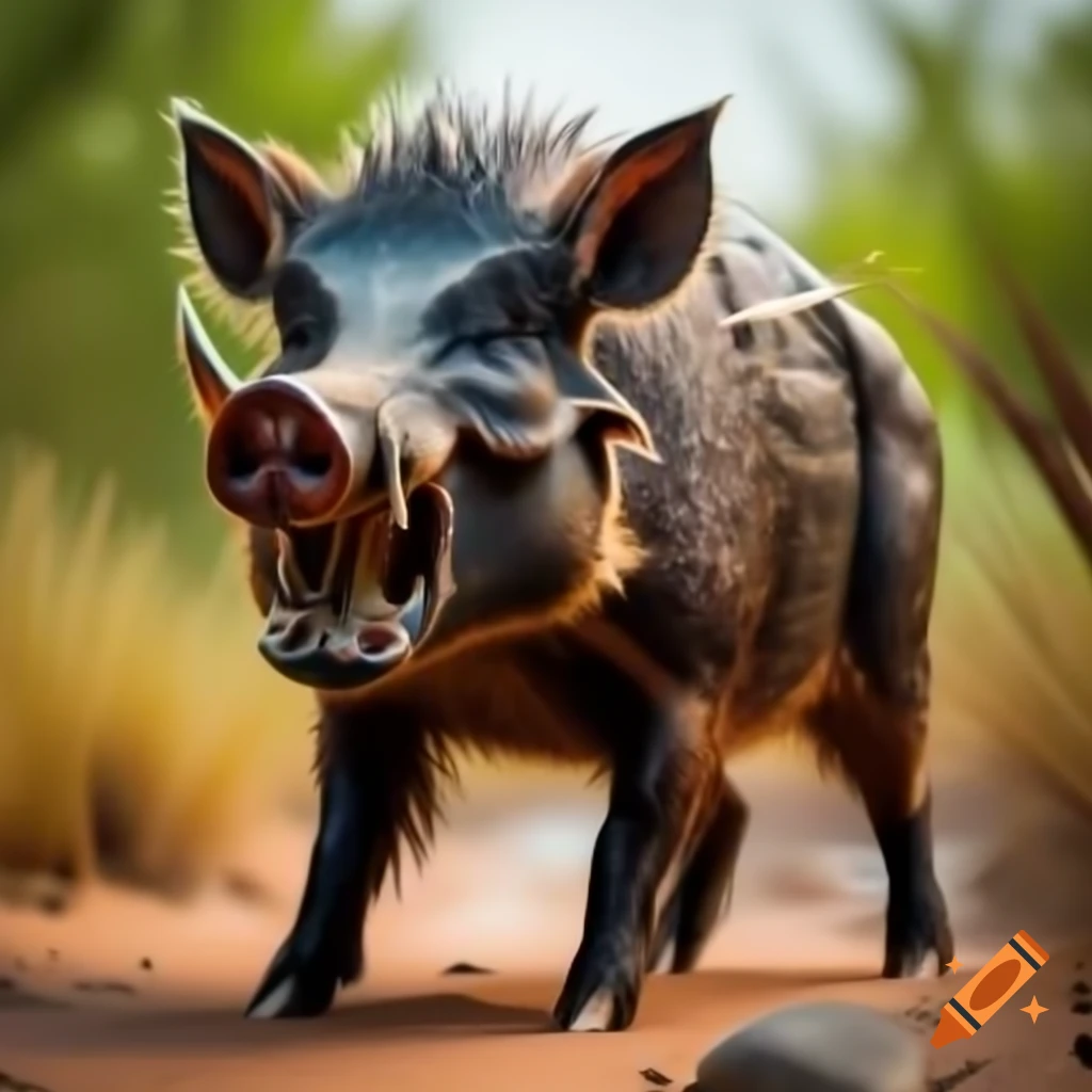 Fierce wild boar facing camera on sandy path through vegetation, animated style