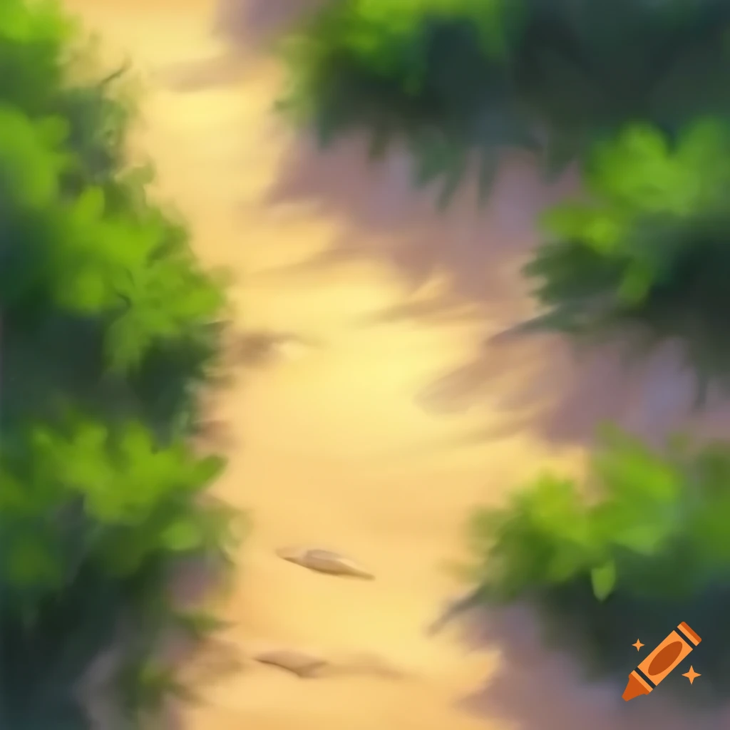 Top-down view of sandy path through vegetation, acrylic painting