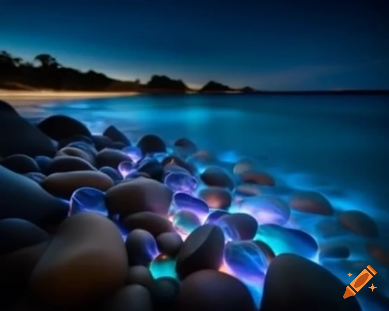 Crystal clear beach in Australia at night with luminous stones and water reflections