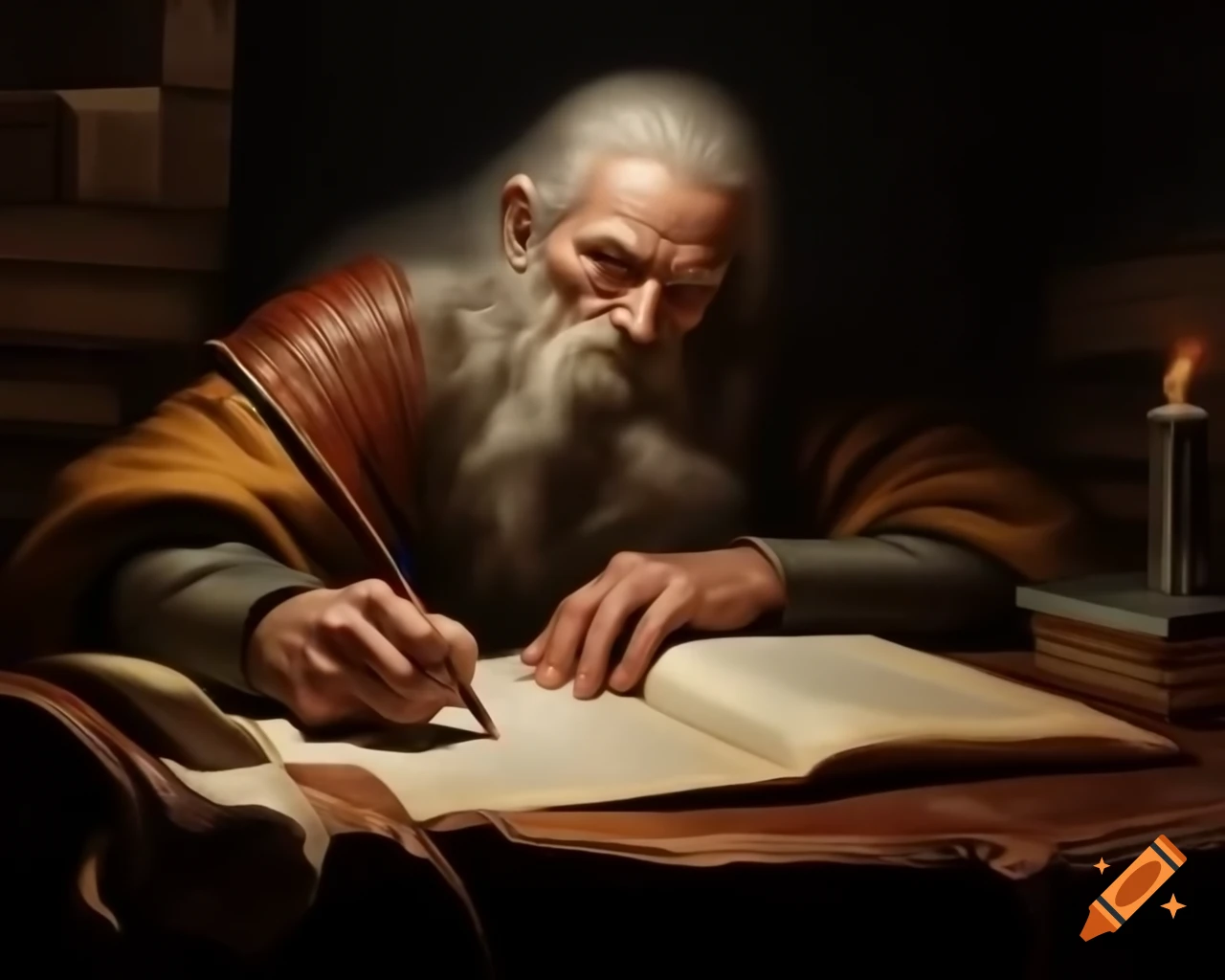 Medieval alchemist writing in leather bound book