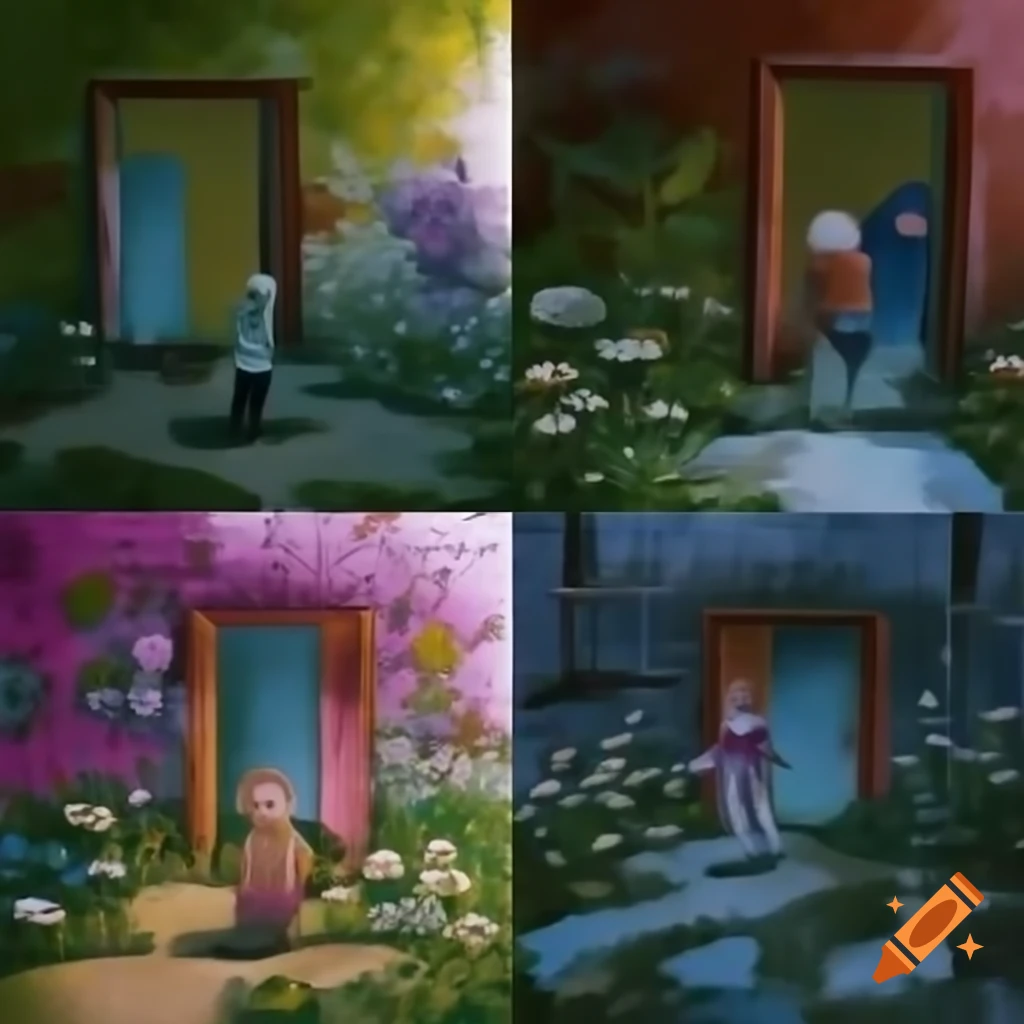 Split scene of vibrant garden with children playing and a desolate snow-covered garden