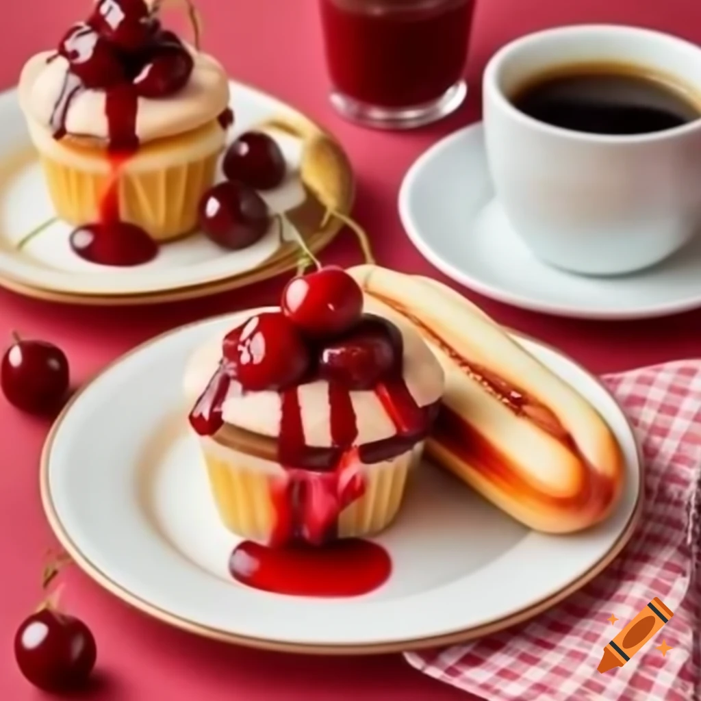 Cherry cupcake, hotdog with sauce, and cup of hot coffee