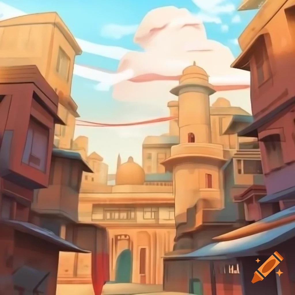 Colorful Indian city skyline illustrated in tintin comics style