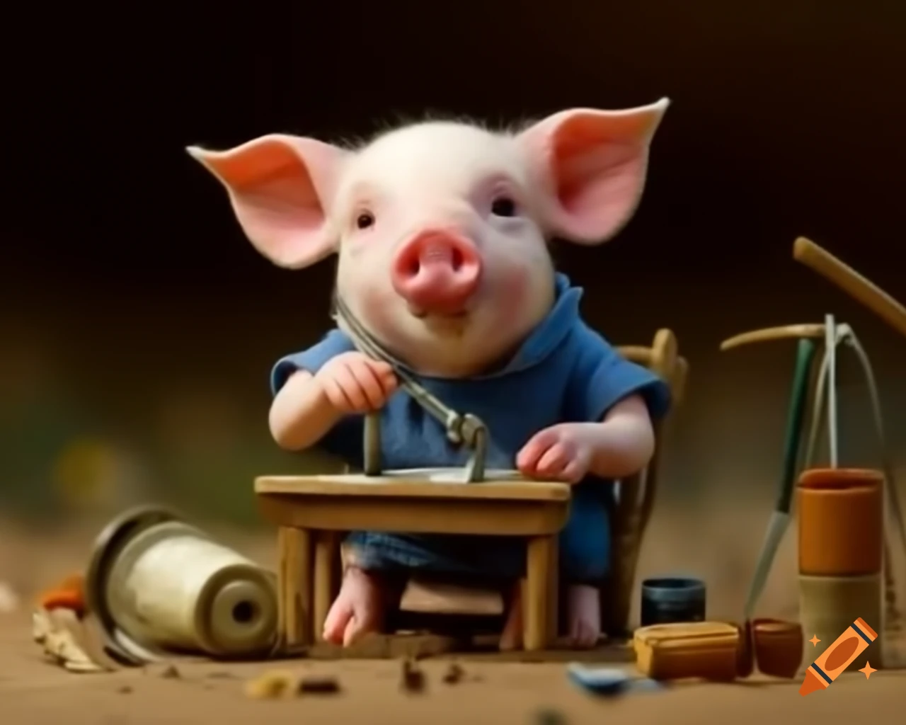 Miniature piglet sewing a shirt