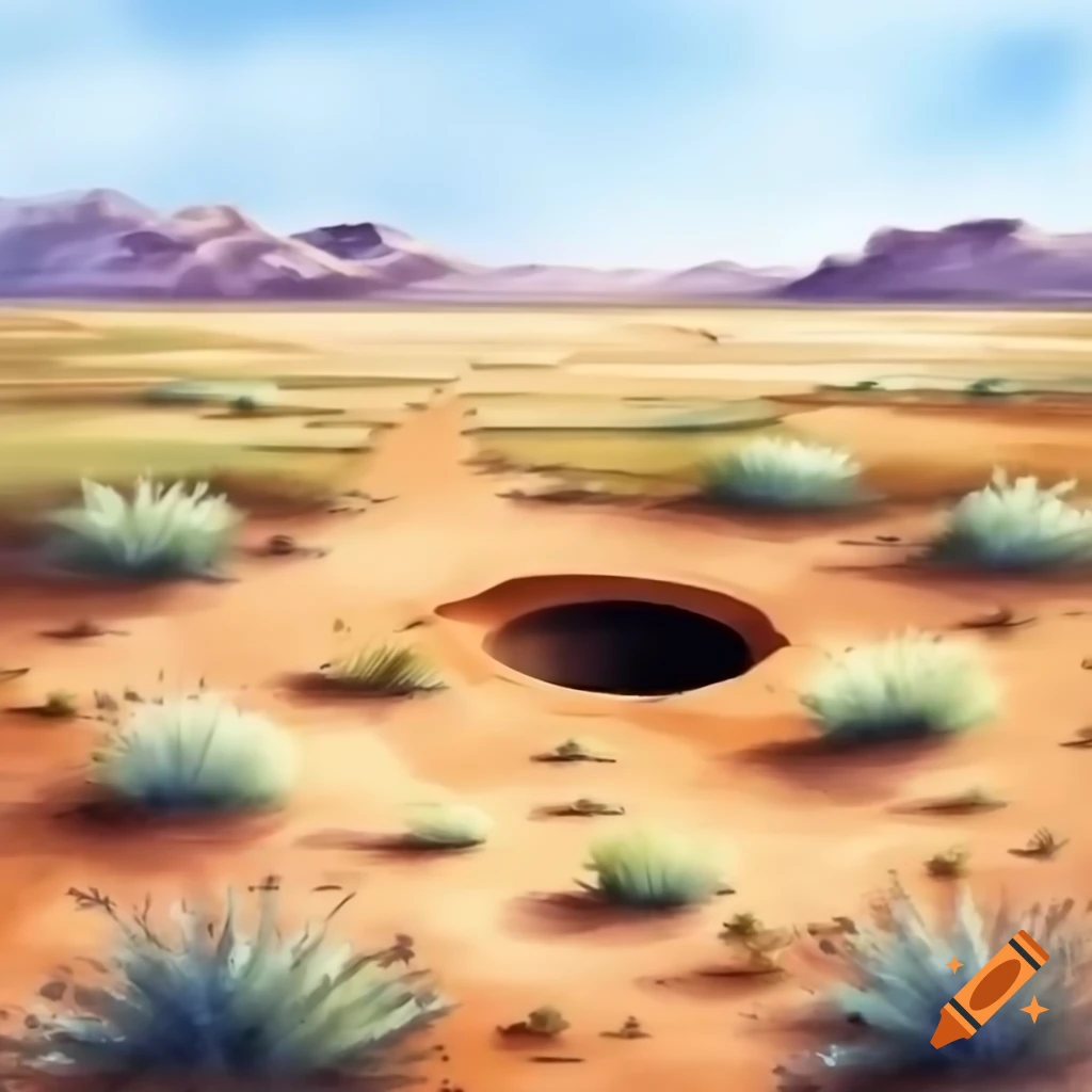 Dirt hole in desert depicted in watercolor style
