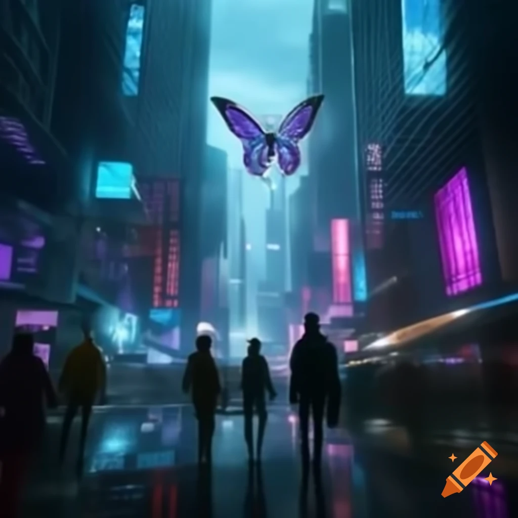 Cyberpunk cityscape with protagonists parting and crystal butterfly flying