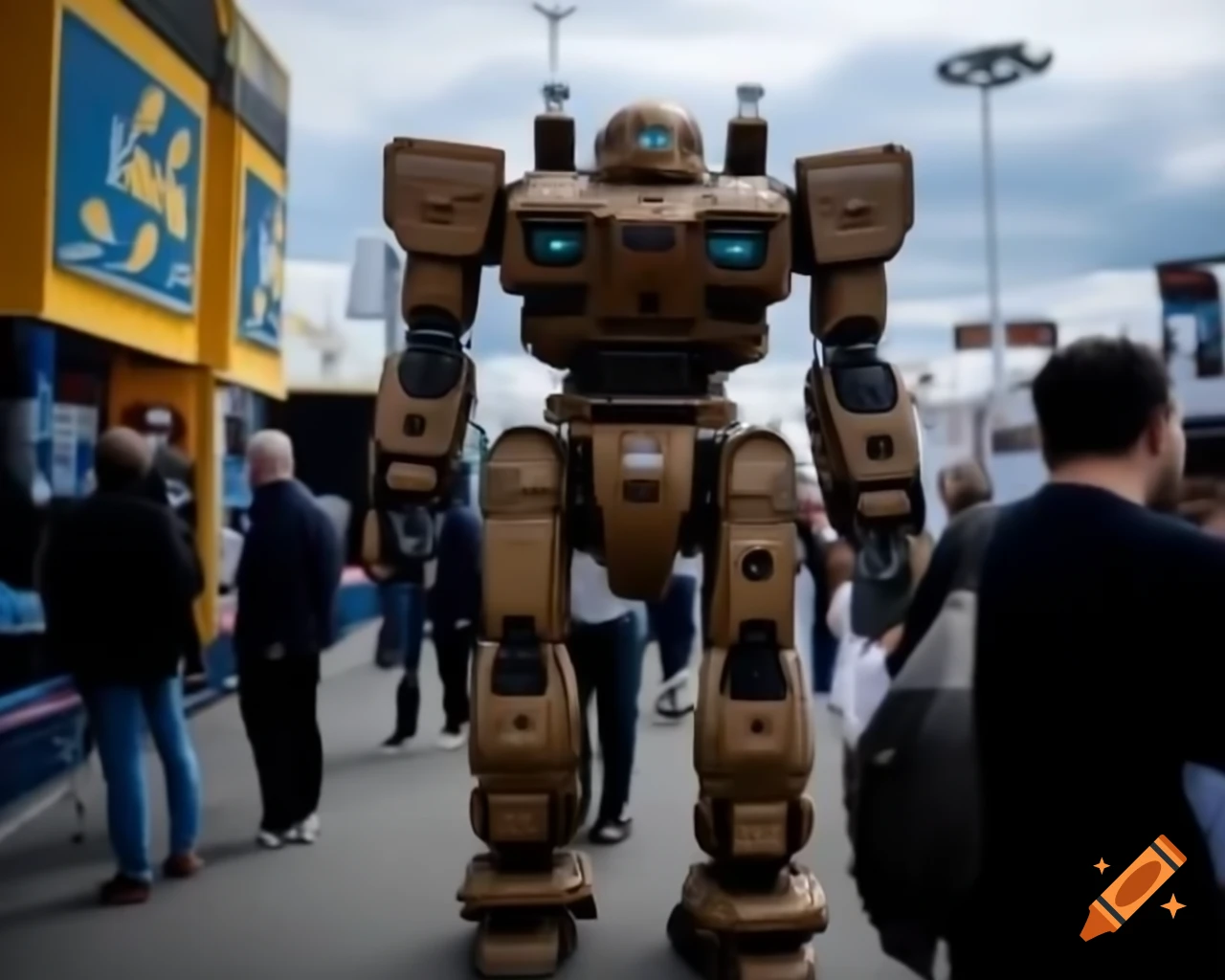 Mecha robot sales fair with people exploring various robots