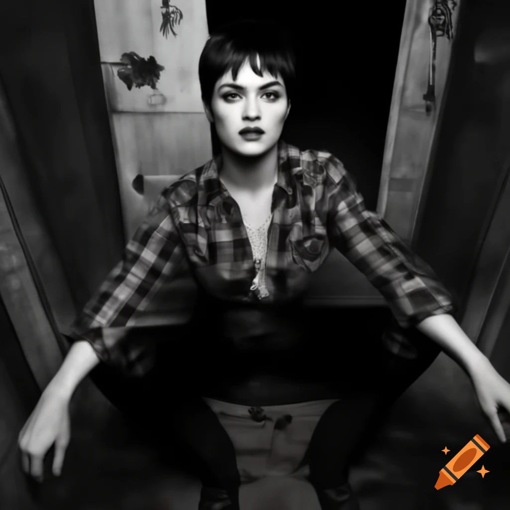 Punk rocker with mohawk hairstyle in plaid shirt and leather trousers peeking through