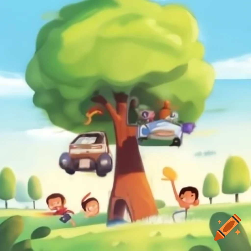 Drawing of children playing around an autumn tree on a sunny afternoon