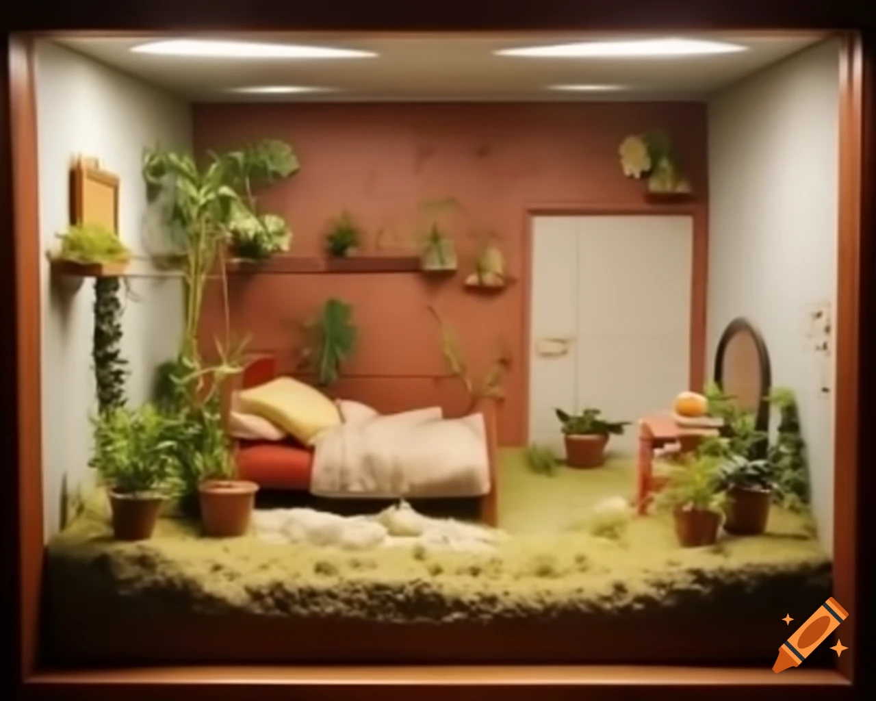 Miniature diorama of a bedroom featuring potted plants