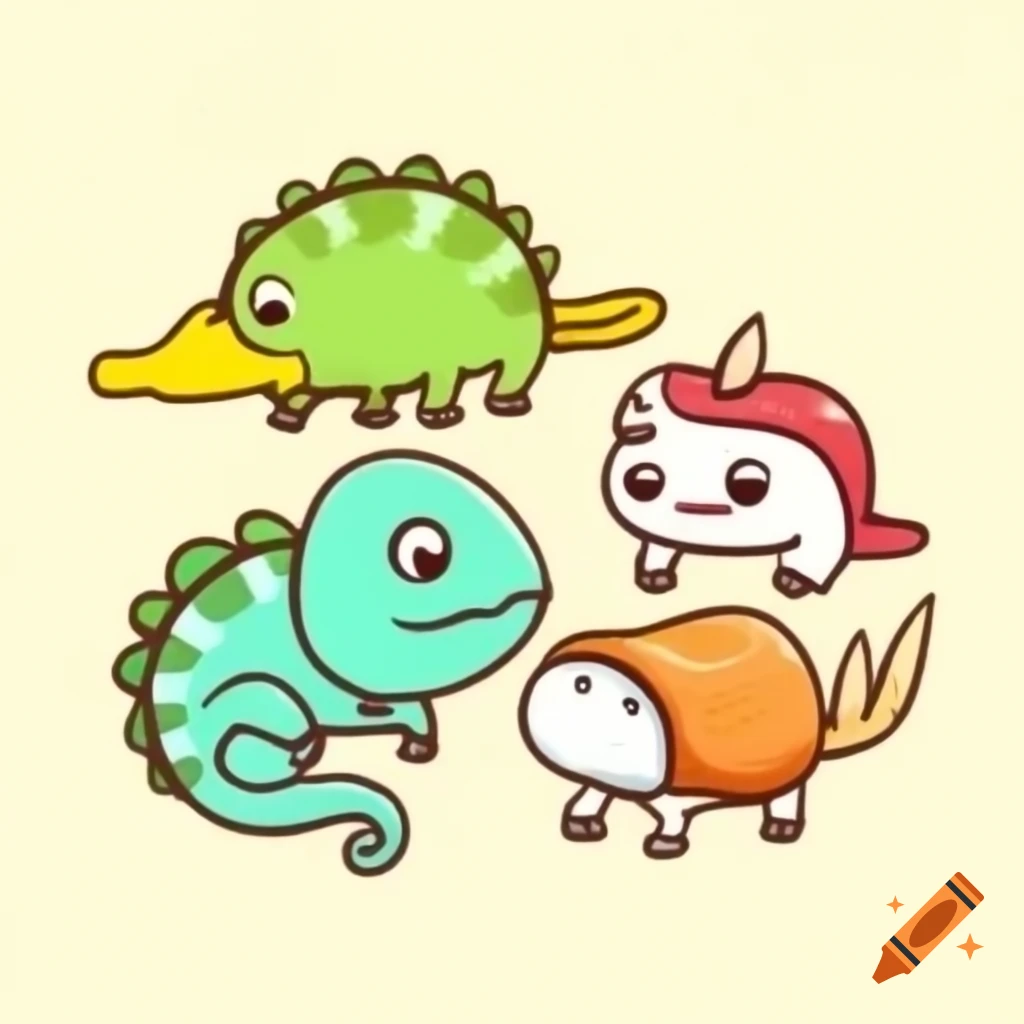 Cute chameleon, platypus, and dragon eating sushi together