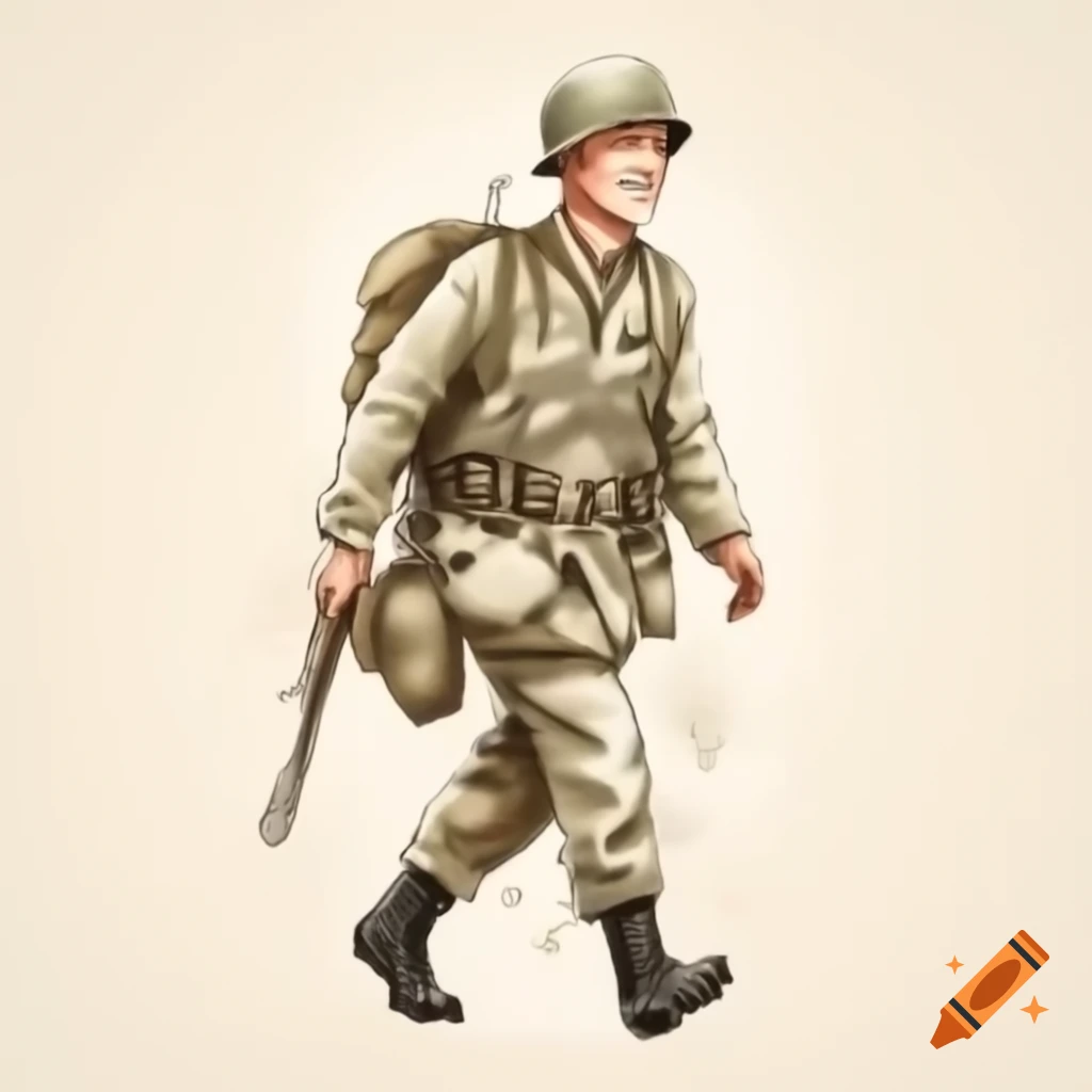 Cartoonish sketch of WWII soldier walking with a smile