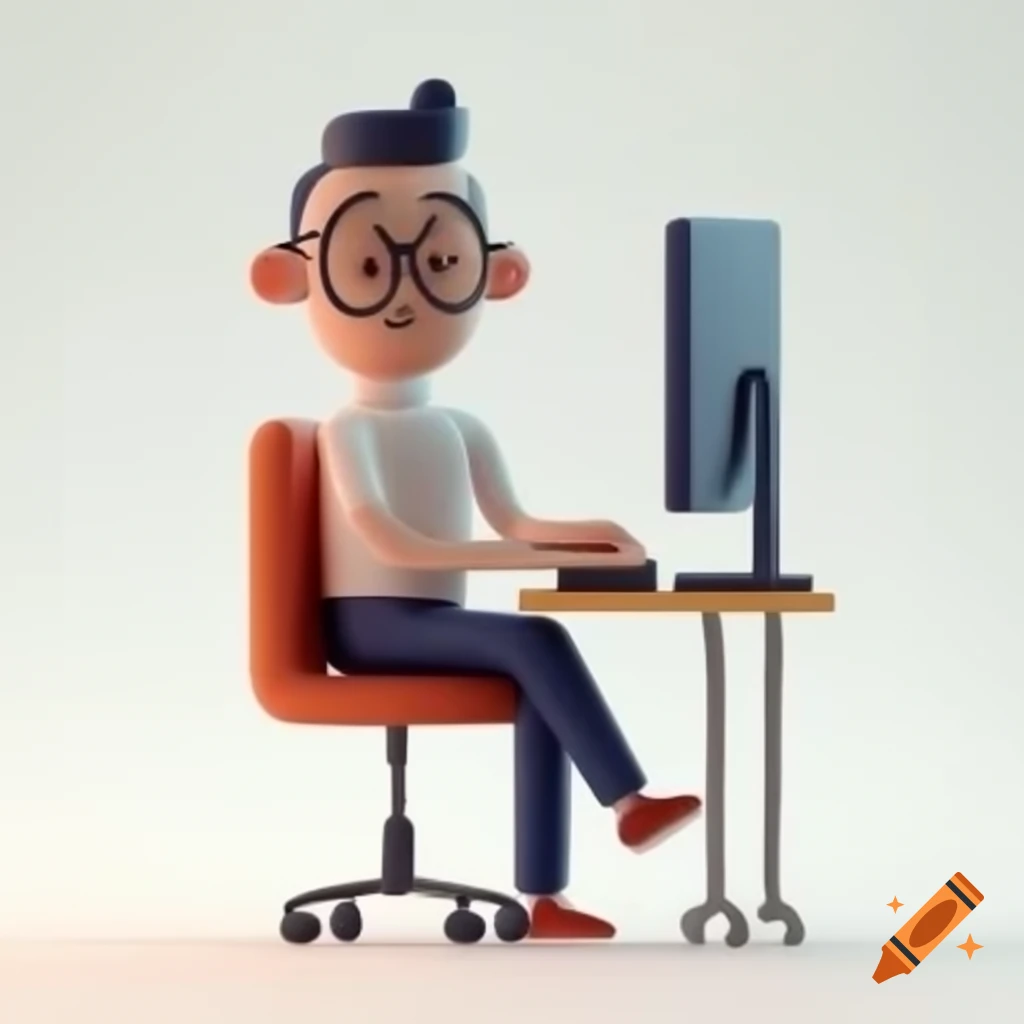 3D toony style man with glasses programming on computer in various poses
