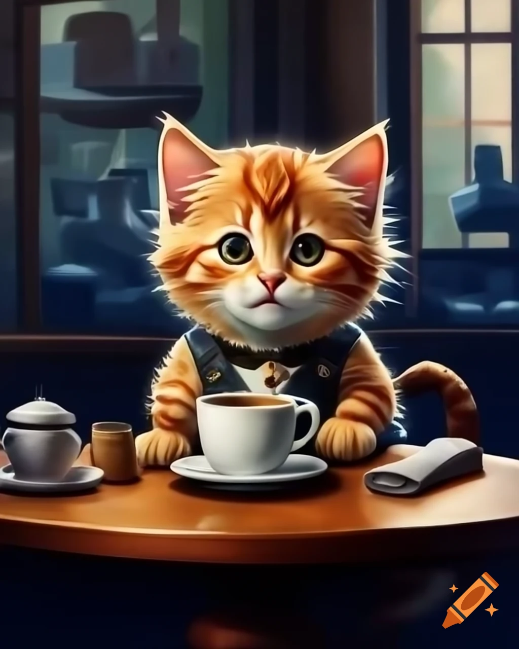 Kitten sitting in a coffee shop setting