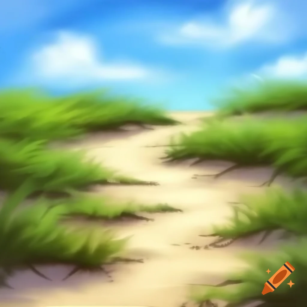 Sandy path through lush vegetation, acrylic painting