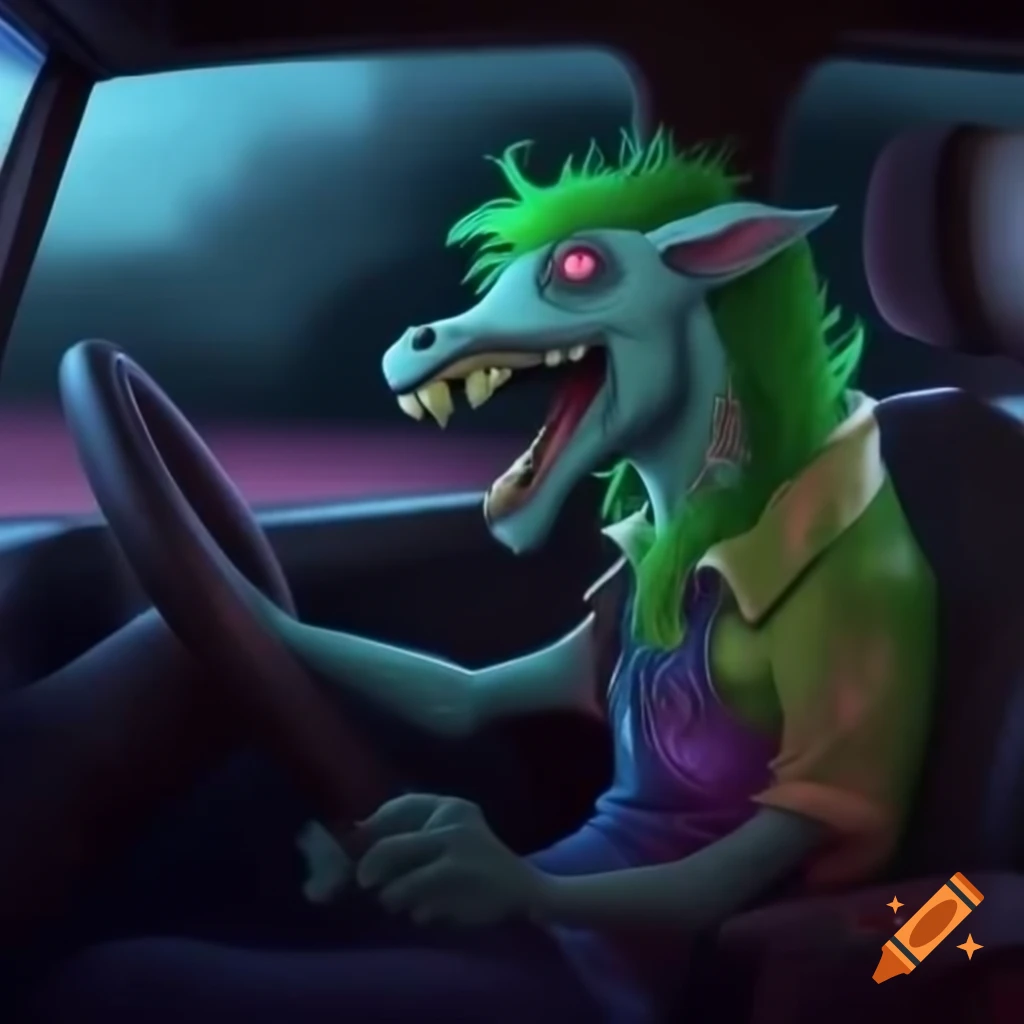 Zombie pony driving a car