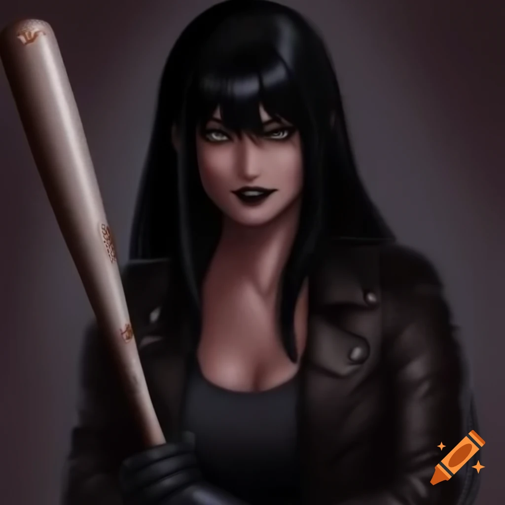 Italian woman with black hair and leather jacket holding baseball bat with a grin