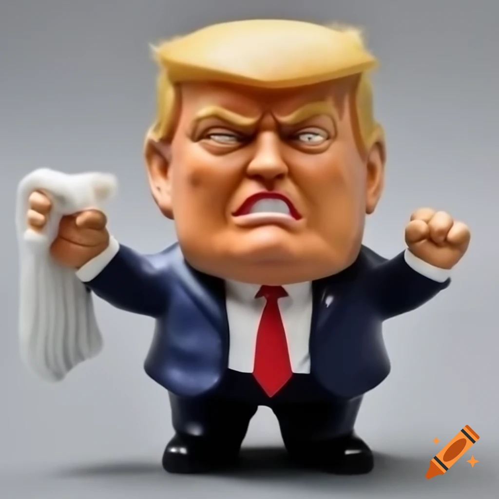 Satirical bobblehead of an angry figure with bloody streaks and gauze covering ear