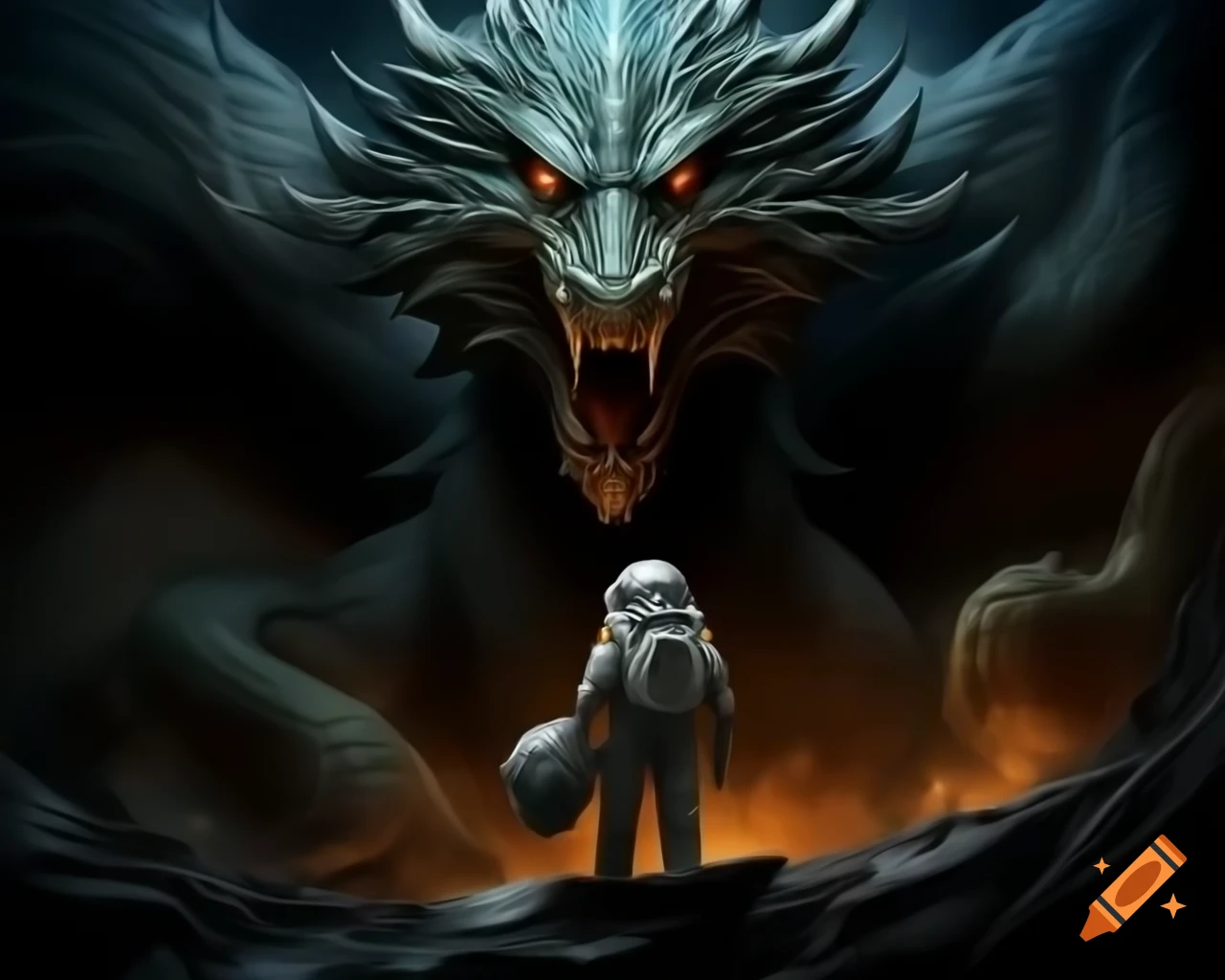 Astronaut riding three-headed dragon in dark fantasy art